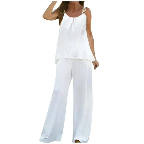 cfhntfmh Lounge Outfits for Women Scoop Neck Sleeveles Buckle Strap Shirts Wide Leg Baggy Long Pants 2 Piece Sets