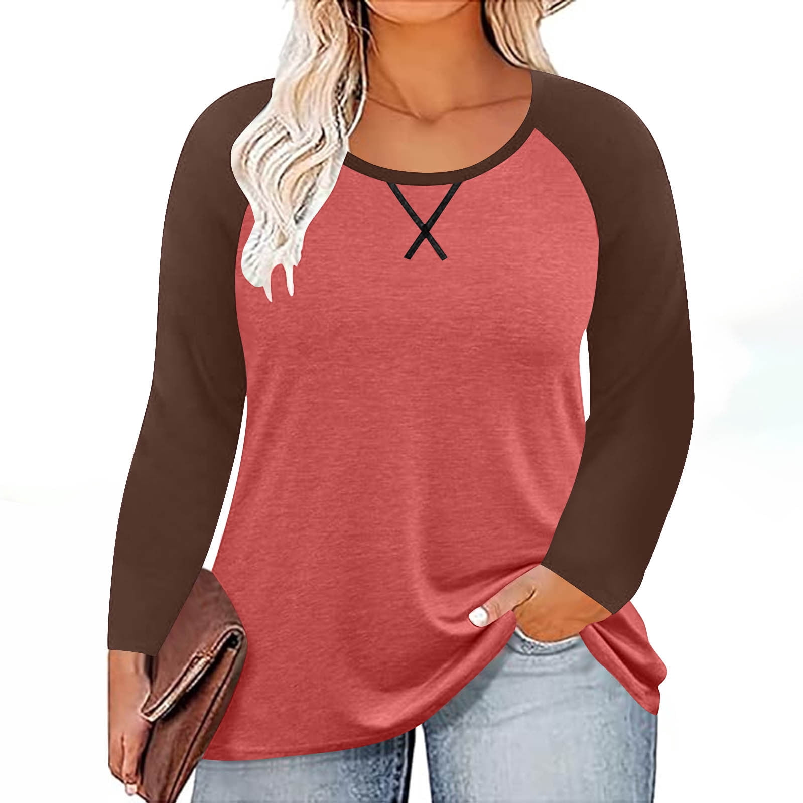 aohooy Womens Plus Size Long Sleeve Baseball Shirt Color Block Casual Loose Tees Tshirts Spring Round Neck Loose Fit Tunic Tops Red,XXXXXL