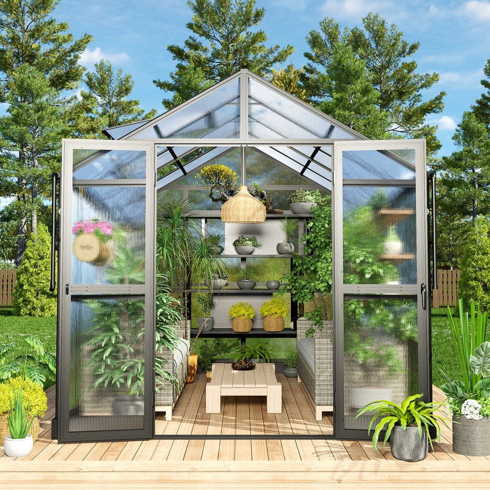 LUXOAK 8x10x7.5 ft Polycarbonate Greenhouse 2 Vents Double Swing Doors 5.2ft Added Wall Height, Black