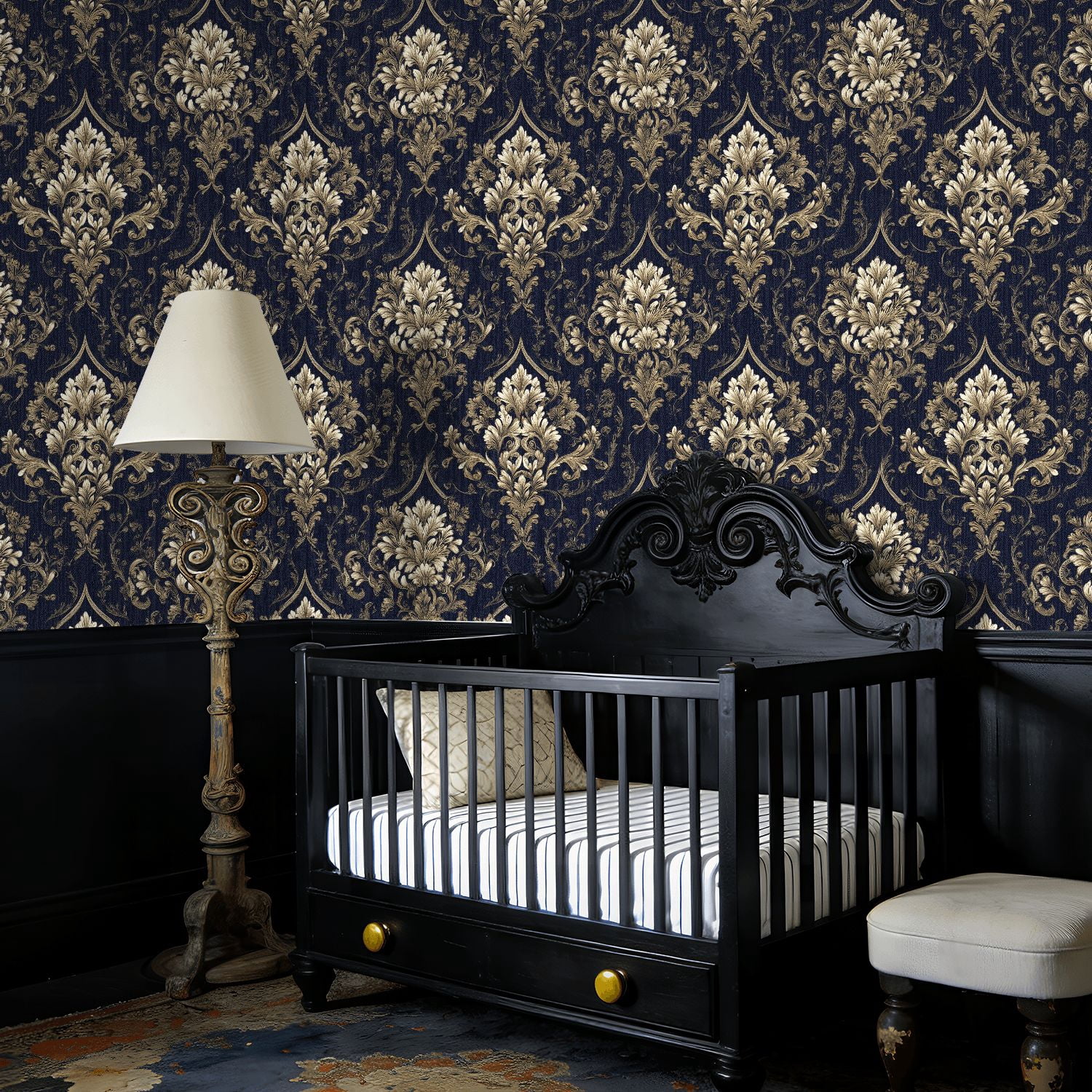 Baroque Peel and Stick Wallpaper Symmetrical Dark Damask Antique Gold Baroque Florals Wall Mural 23.6in x 9.8ft Self Adhesive Removable Wall Paper Renter Friendly Wallpaper for Bedroom Livingroom Men