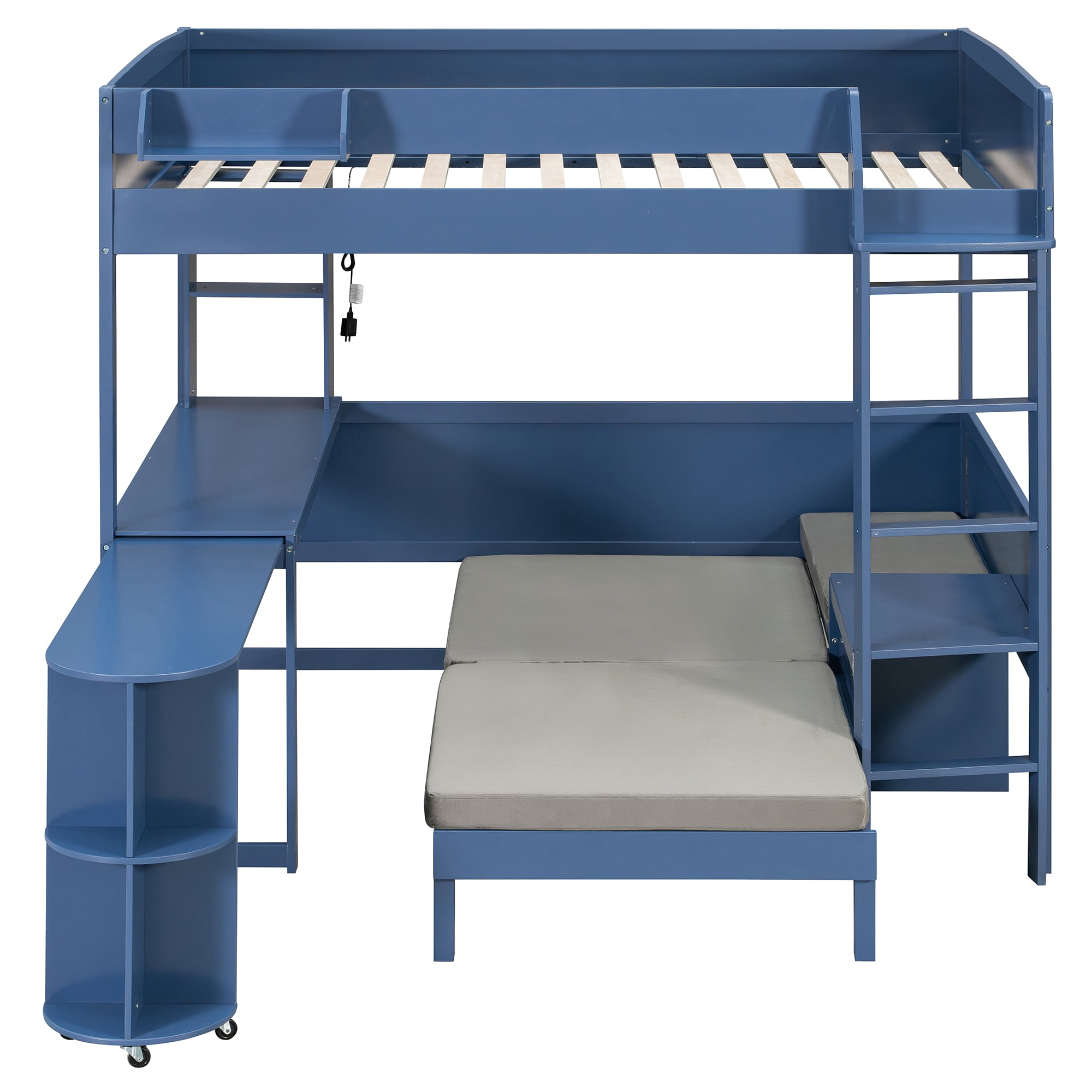 Mintazer Full Size Loft Bed with Desk, LED Light, Bedside Storage Shelf & Sofa Bed Space Saving for Apartment, Bedroom, Navy Blue