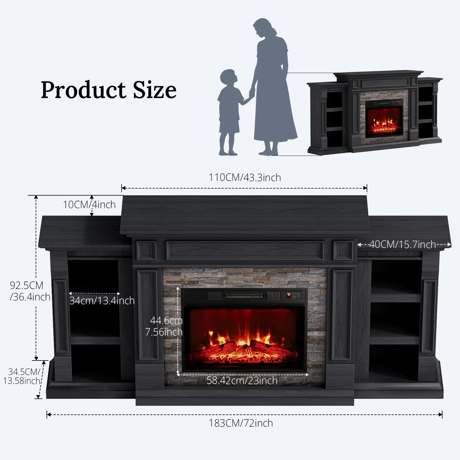 72" Fireplace Mantel with 23" Electric Fireplace and Bookshelves, Wooden Storage Freestanding Heater with Remote Control,Black