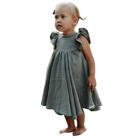 

Girls Cotton Solid Color Flutter Sleeves A-Line Sundress Q680 Sizes 2-6