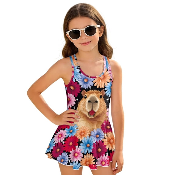 Uourmeti Cute Capybara & Vibrant Daisy Floral Swim Dress for Girls - Sleeveless Skirted One Piece Bathing Suit, Quick Dry & Stretchy for Beach, Pool & Summer Vacations