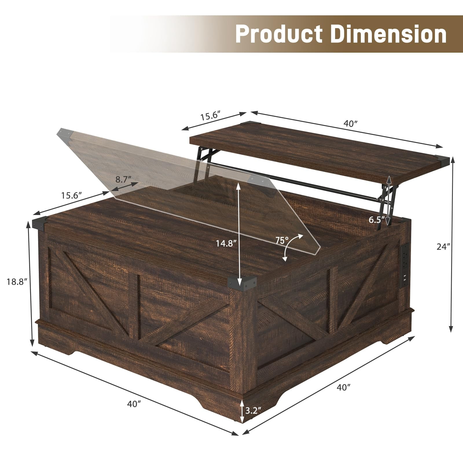 40" Large Farmhouse Lift Top Coffee Table with Power Outlets, Square Wood Living Room Table with Large Hidden Storage, Multi-Function Lift Wooden Barn Door Center Table, Brown