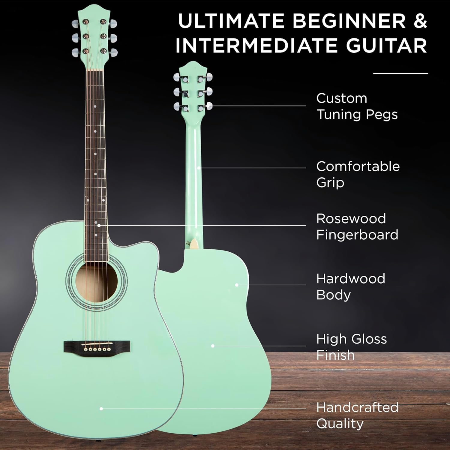 HarmonyStrings 41in Beginner Acoustic Guitar Full Size All Wood Cutaway Guitar Starter Set w/Case, Strap, Capo, Strings SoCal Green