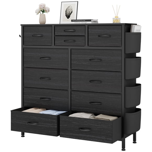 LainTene 12 Drawers Dresser for Bedroom, Fabric Closet Chests Organizer Tower Furniture with Wooden Top Metal Frame for Clothes, Room, Living Room, Hallway，Black