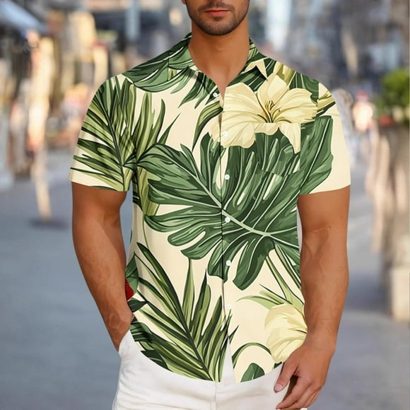 VBTAPA Men's Hawaiian Shirt Short Sleeve Tropical Vacation Button Down Shirt Summer Beach Floral Palm Shirts Lightning Sales Green XXXXXL