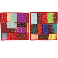 Mogul 2 Indian Pillowcases Red Sari Patchwork Sequin Beaded Toss Cushion Covers