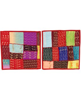 Mogul 2 Indian Pillowcases Red Sari Patchwork Sequin Beaded Toss Cushion Covers