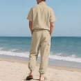 thumbnail image 6 of mihongmao Summer Sweat Suits for Mens 2 Piece Plus Size Men's Solid Color Flax Solid Color Lapel Pocket Button Short Sleeve Shirt Casual Elastic Waist Drawstring Pocket Trousers Suit Khaki M, 6 of 8