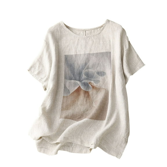 ZZwxWA Summer Tops for Women Short Sleeve Retro Print Round Neck Loose T-shirt Cotton Linen Casual Shirt Womens Blouse My Order