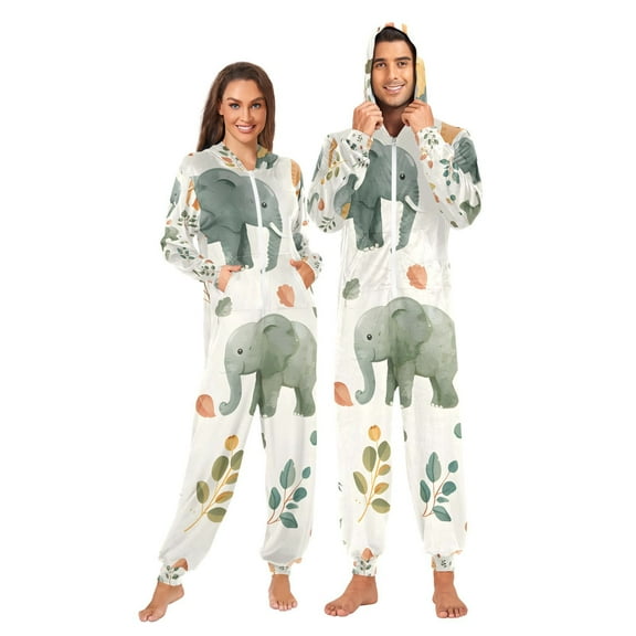 Leaves Elephants Adult Onesie Pajamas Slim Fit Christmas One Piece Suit Pjs for Women and Men Hooded Zipper
