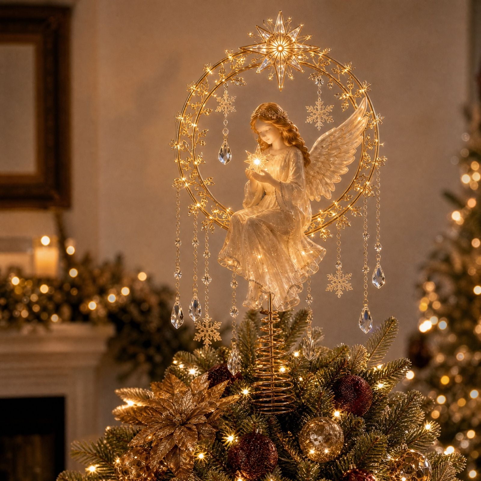 Christmas Tree Topper 8In Illuminated Angel Tree Top Ornament Golden Metal Frame with Star Snowflake and Dangling Crystal Charms Decorative Keepsake for Holiday Xmas Tree Display