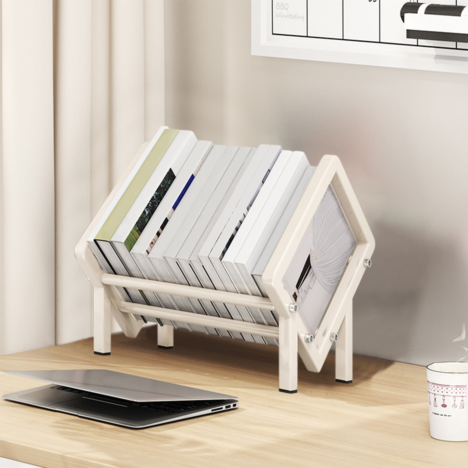 Merryso Stainless Steel Desktop Bookshelf, 11.8" Small Desk Book Organizer, Rustproof Tabletop Book Storage Rack for Office Study, White Desk Book Holder with Open Shelf Design