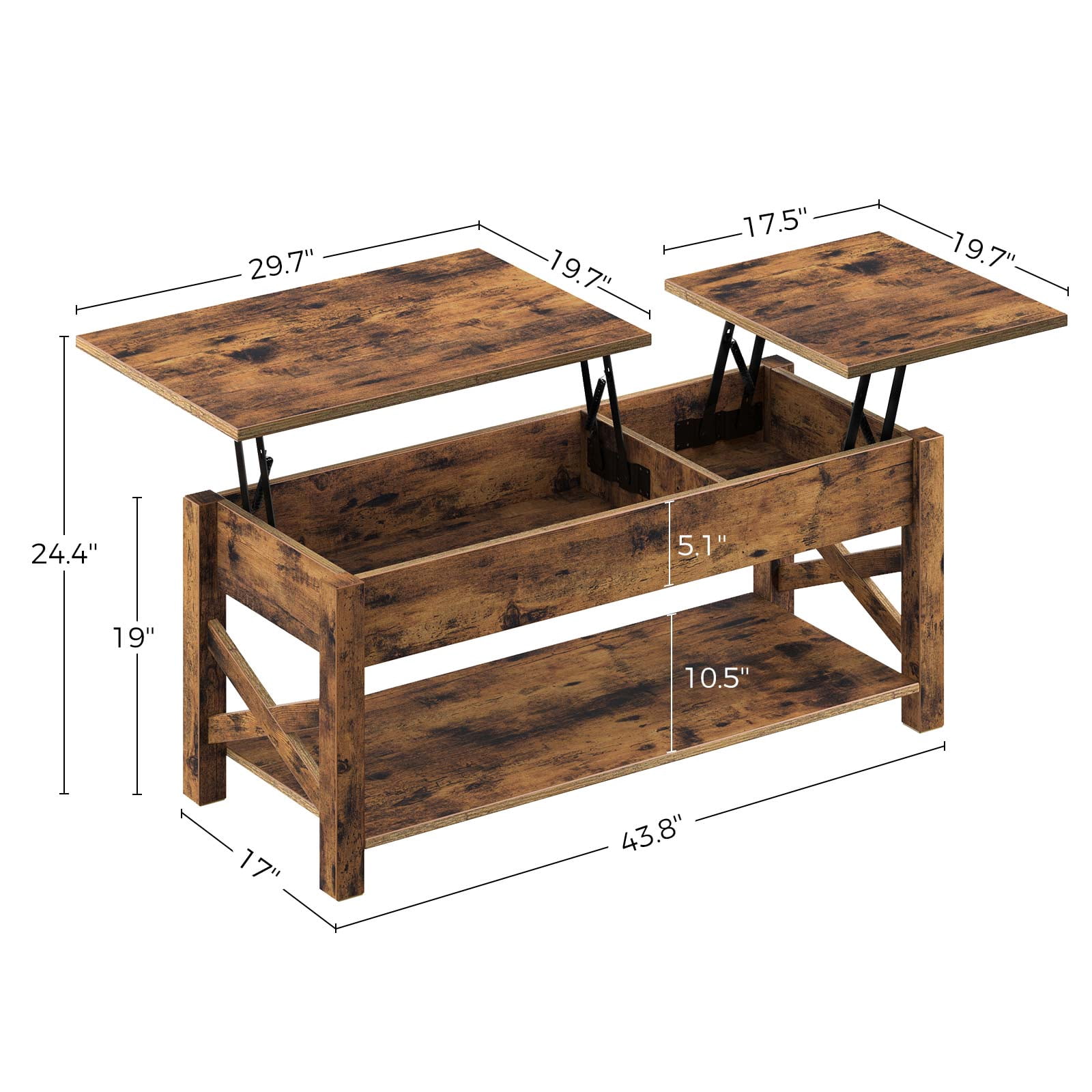 Greenstell Lift Top Coffee Table with Drawer and Hidden Compartment 43.8 Inch, Rustic Brown