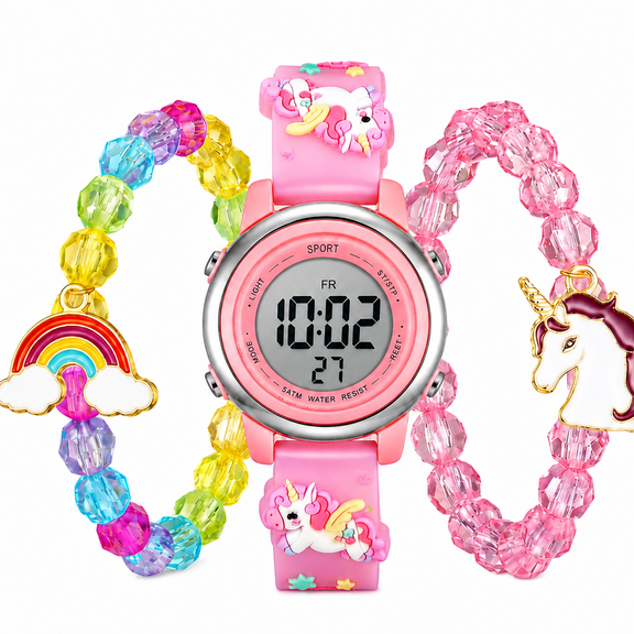 Unicorn Digital Watch and Unicorn Bracelet(3 Pieces) Luminous Watch with Alarm Stopwatch Unicorn Easter Birthday Gift