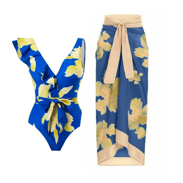 Traje de baño sexy de una pieza Traje de baño con volantes vintage Trajes de baño de 2 piezas para mujer Baño con cuello en V - Azul