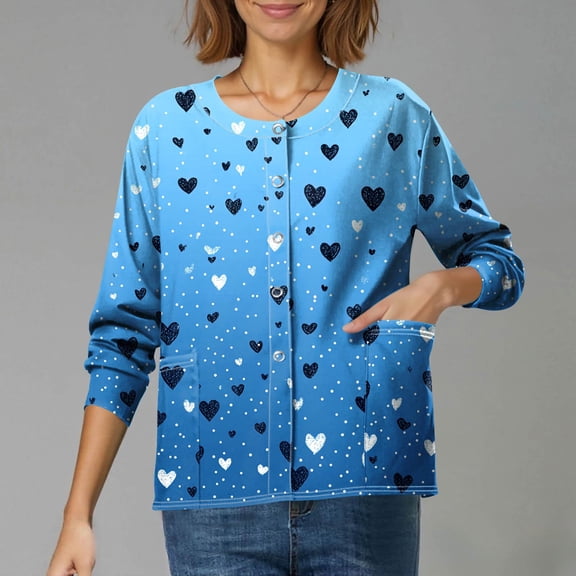 Women's Holiday Scrub Jacket - Cute Valentine Heart Print Long Sleeve Snap Front Medical Uniform with Pockets Blue M