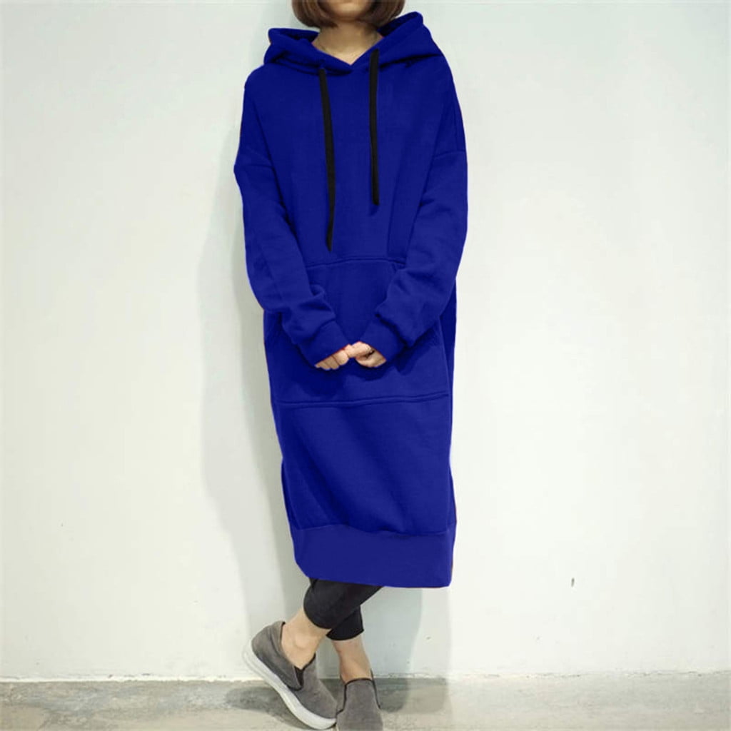 Skpblutn Women'S Sweatshirt Hoodies Winter Fall Casual Comfortable Tops Warm Hooded Baggy Pullover Over Long Dress Round Neckline Long Sleeve Plus Size Sweatshirts Blue M