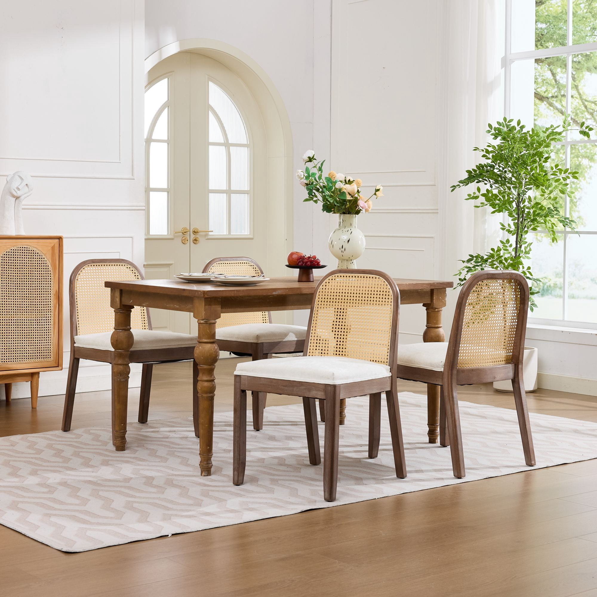Leumius Set of 2 Curved Arched Cane Back Dining Chairs, Mid Century Farmhouse Side Chairs, Chenille Cushion with S-Spring and Sponge, Armless Accent Chairs for Kitchen Dining Room Beige