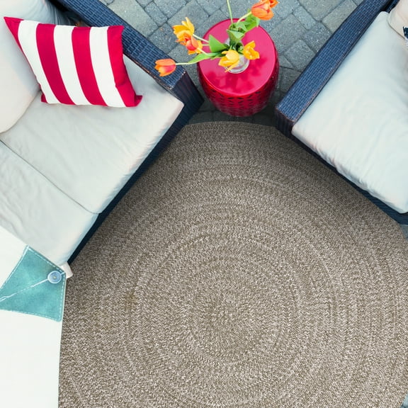 BNM Indoor/ Outdoor Multihued Rug, 6' Round, Slate- White