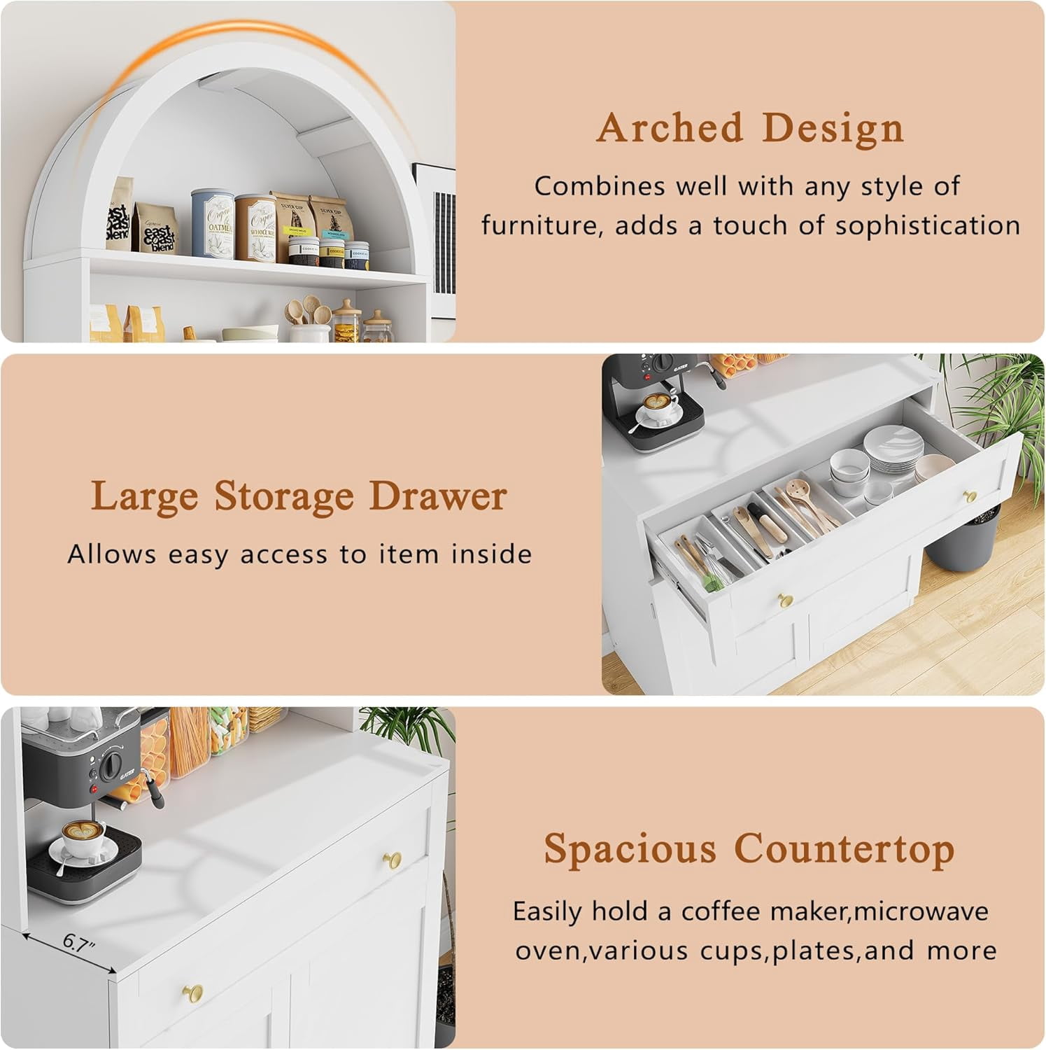 Akaber 71" Tall Arched Kitchen Pantry Cabinet, Modern Kitchen Storage Cabinets with Hidden Drawer and Spacious Countertop, Wooden Storage Pantry Cabinet for Living Room, Dining Room, White