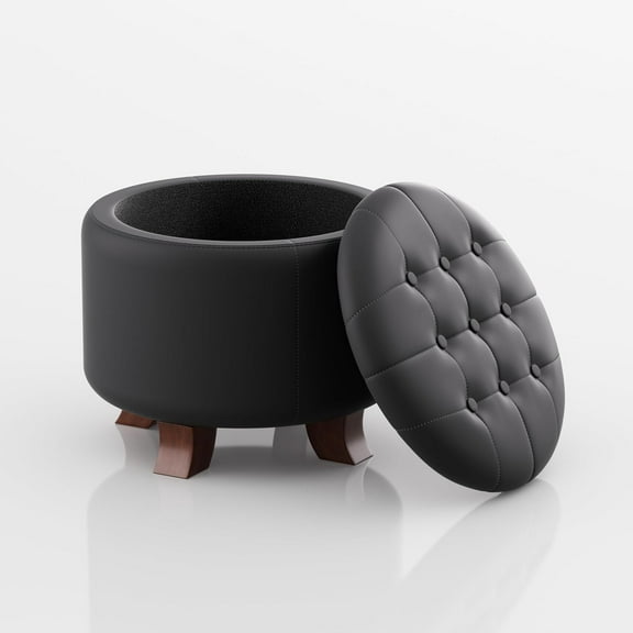 YYEAN Round Ottoman with Storage, PU Leather Footstool with Legs, Small Foot Rest Ottoman for Bedroom, Living Room, Decorative Home Furniture-20"D x 20"W x 17"H-Black