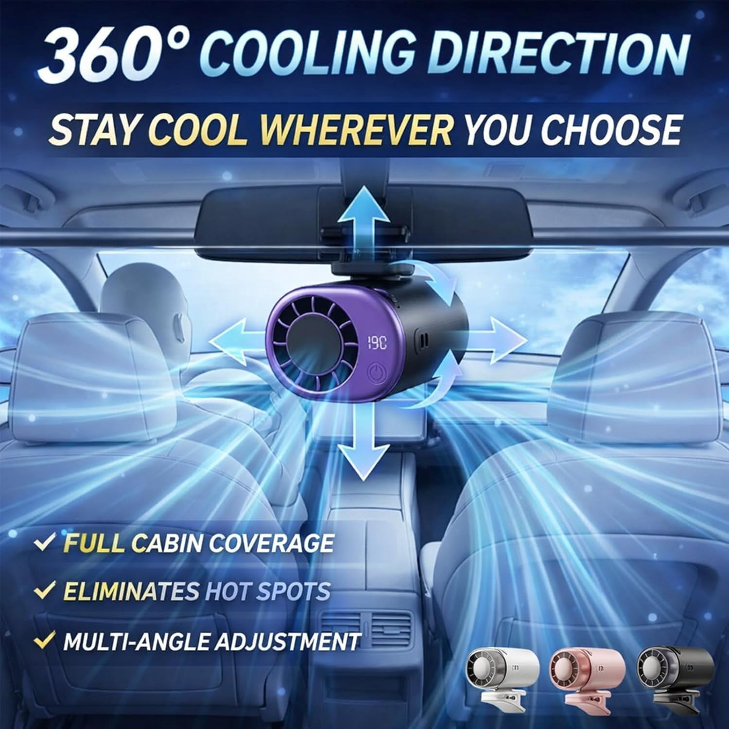 2026 New Car Clip On Air Conditioner Fan with LED Display, 360° Rotation Portable Mini Cooling Fan, USB Rechargeable 199 Speeds 16℃ Semi‑Cooling with Wide Clamp