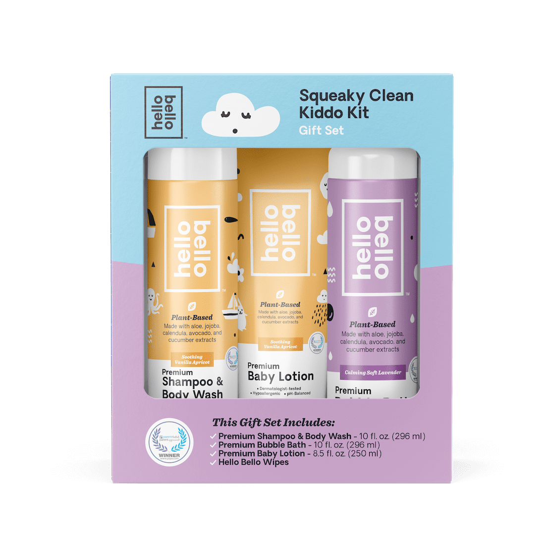 Hello Bello Squeaky Clean Kiddo Baby Gift Set, Includes Shampoo & Wash, Bubble Bath, Baby Lotion, and Wipes