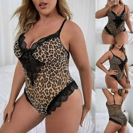 

Plus Size Women Leopard Teddies One-Piece Lingerie Sexy Lace Babydoll Bodysuit