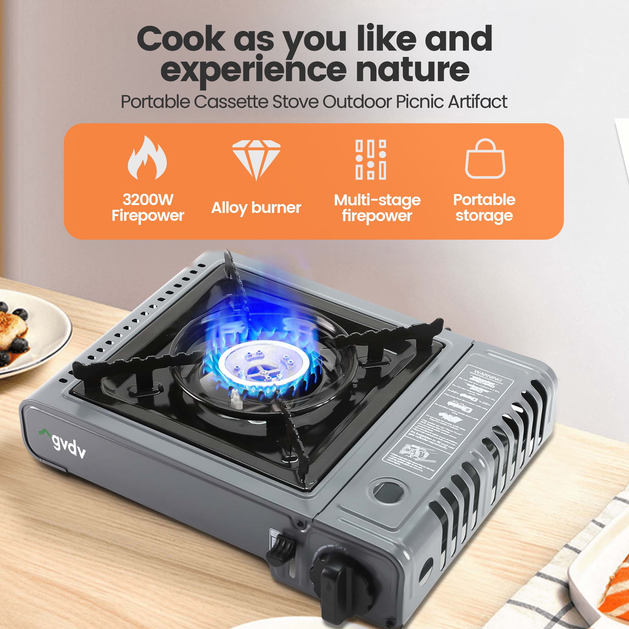 GVDV Portable Camping Stove, 1 Burner Butane Gas Stove with Updated Carrying Case