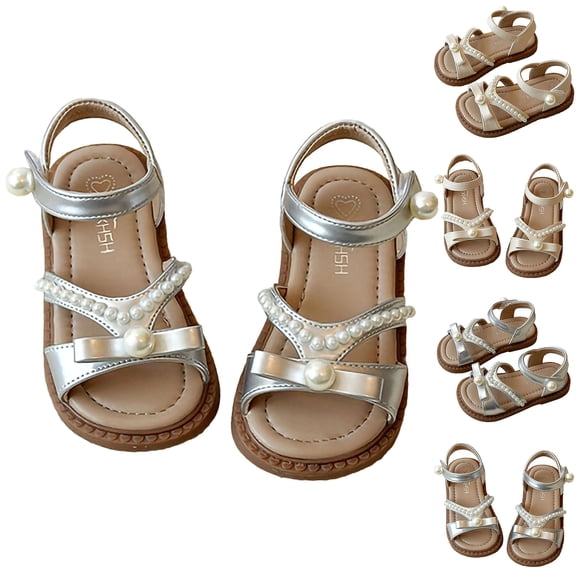 Vornjynx Girls Open Toe Sandals Ankle Strap Soft Sole Glitter Pearl Kids Fashion Dress Sandals Beige Size 9 Toddler
