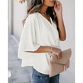 thumbnail image 3 of Tops fruncidos para mujer, cuello en V, manga corta de murciélago, blusa informal holgada de color puro para mujer, para fiesta, oficina, viajes, blanco L, 3 of 6