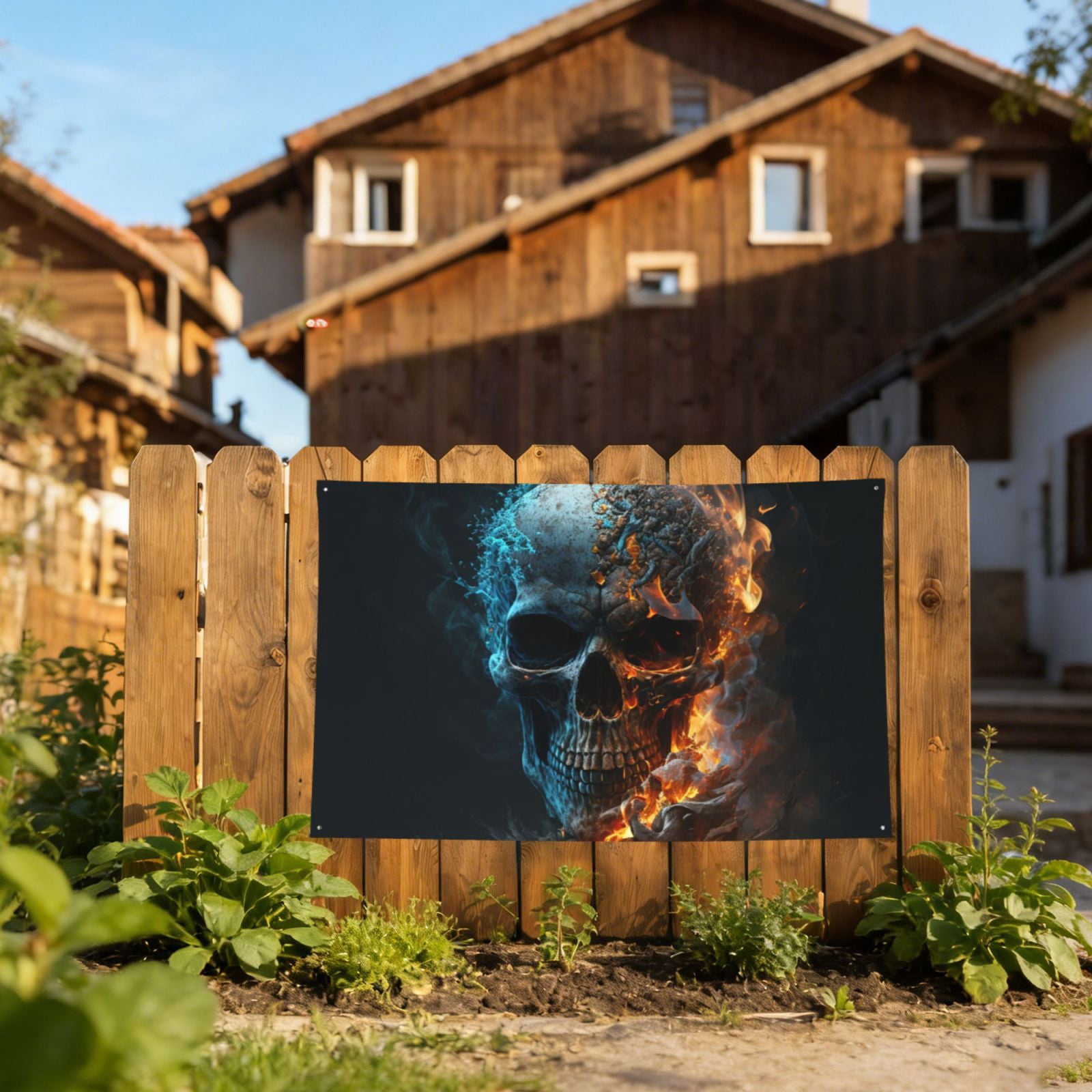 Burning Skull Head Death Fire Flaming Four Hole Decorated Banner Flag for Garden Yard Home Decoration Indoor Outdoor 4x6 Ft