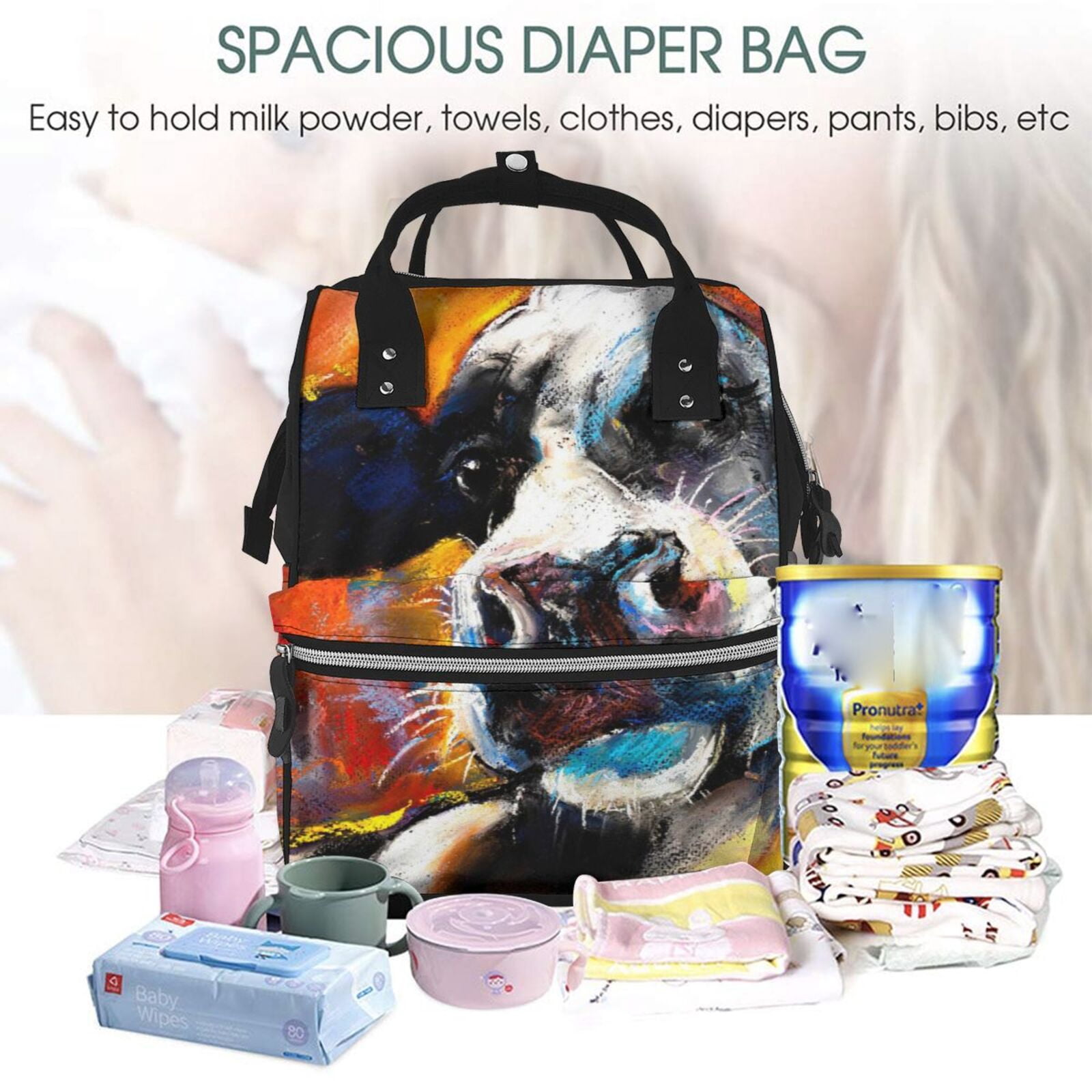 Ratiio Cow Mummy Backpack - Waterproof Twill Canvas, Large Capacity Diaper Bag with Multiple Pockets and Adjustable Straps
