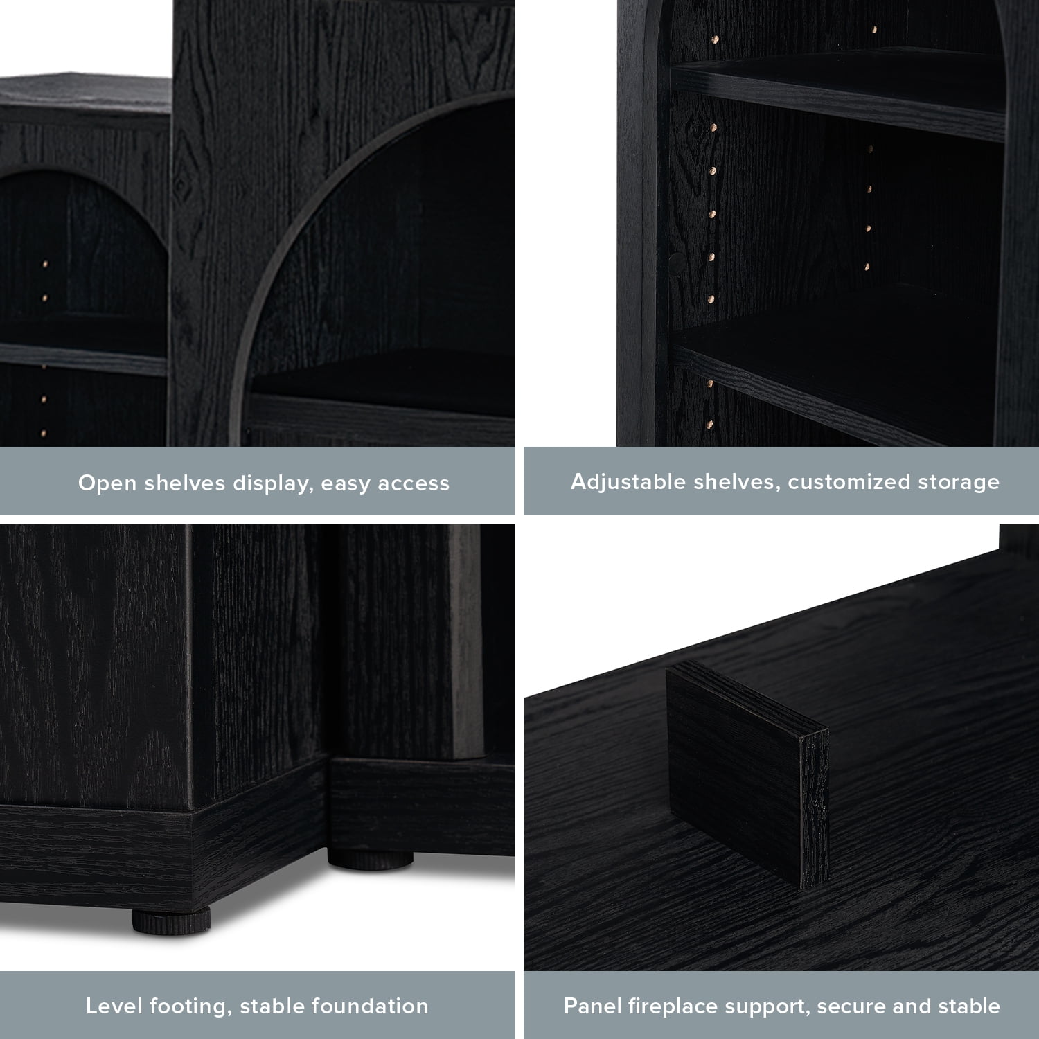 Mopio Blake 59" Arched TV Stand, Fireplace Mantel, Modular Side Storage Shelves, Entertainment Center for Living Room, Credenza, Media Console (Black, No Insert)