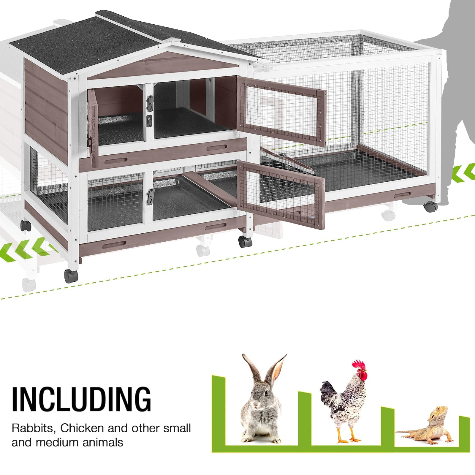 BUTINGLALE Rabbit Hutch with Chew-Resistant Ramp Indoor Bunny Cage Outdoor Guinea Pig Cage with Wheels and Leakproof Tray