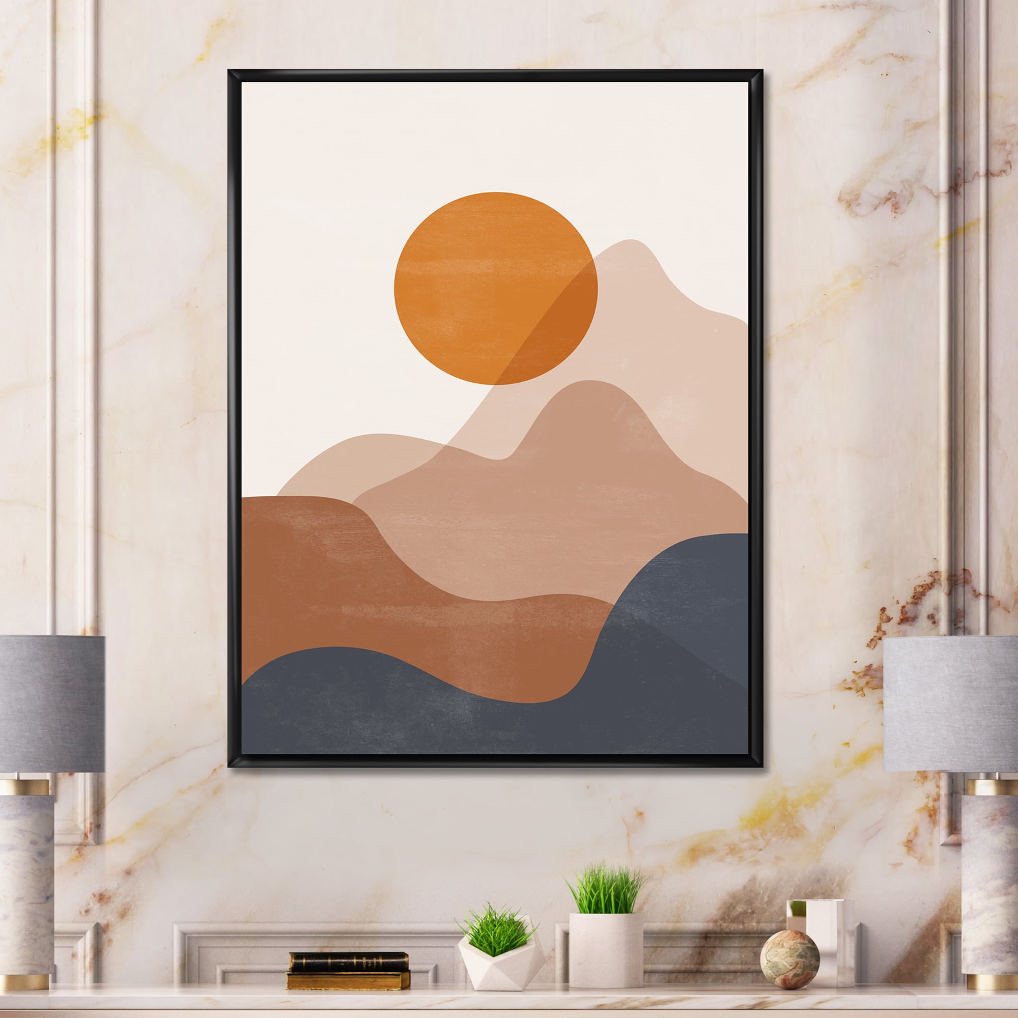 Designart 'Abstract Earth Toned Mountains With Red Moon II' Modern Framed Canvas Wall Art Print