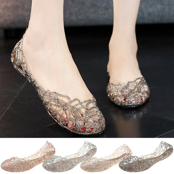 Vibrex Summer Hollow Out Flat Sandals Women's Casual Shoes Crystal Plastic Jelly Shoes Women's Sandals Perfect For Travel,Daily,Vacations,Part,Dates,Work_Black_5.5