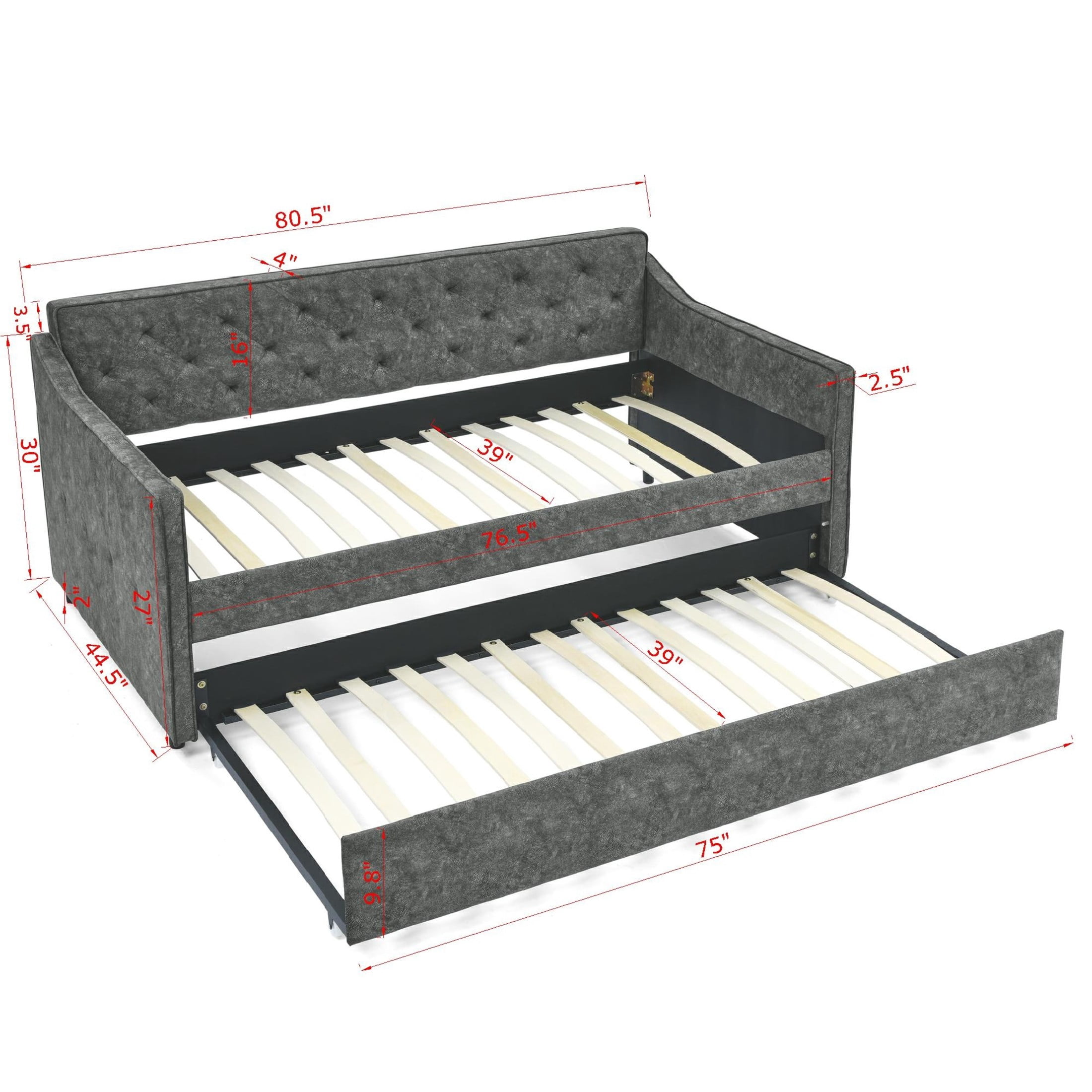 Noble House Veltria Twin Size Daybed, Upholstered Tufted Sofa Bed with Rolling Hidden Trundle, Waved Shape Arms, Gray