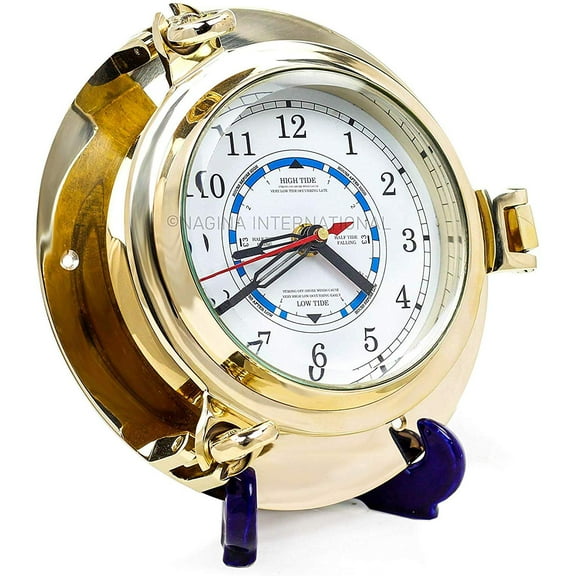 Nagina International 9" Solid Brass Porthole Time and Tide Clock