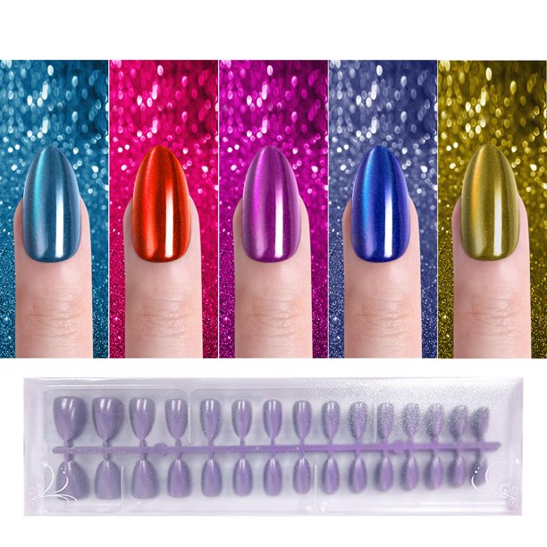Uñas postizas de ojo de gato Jsiallye 300 piezas de uñas cortas de color almendra para mujer, uñas postizas de gel suave, puntas de uñas de ojo de gato con purpurina brillante, uñas adhesivas en 15 ta
