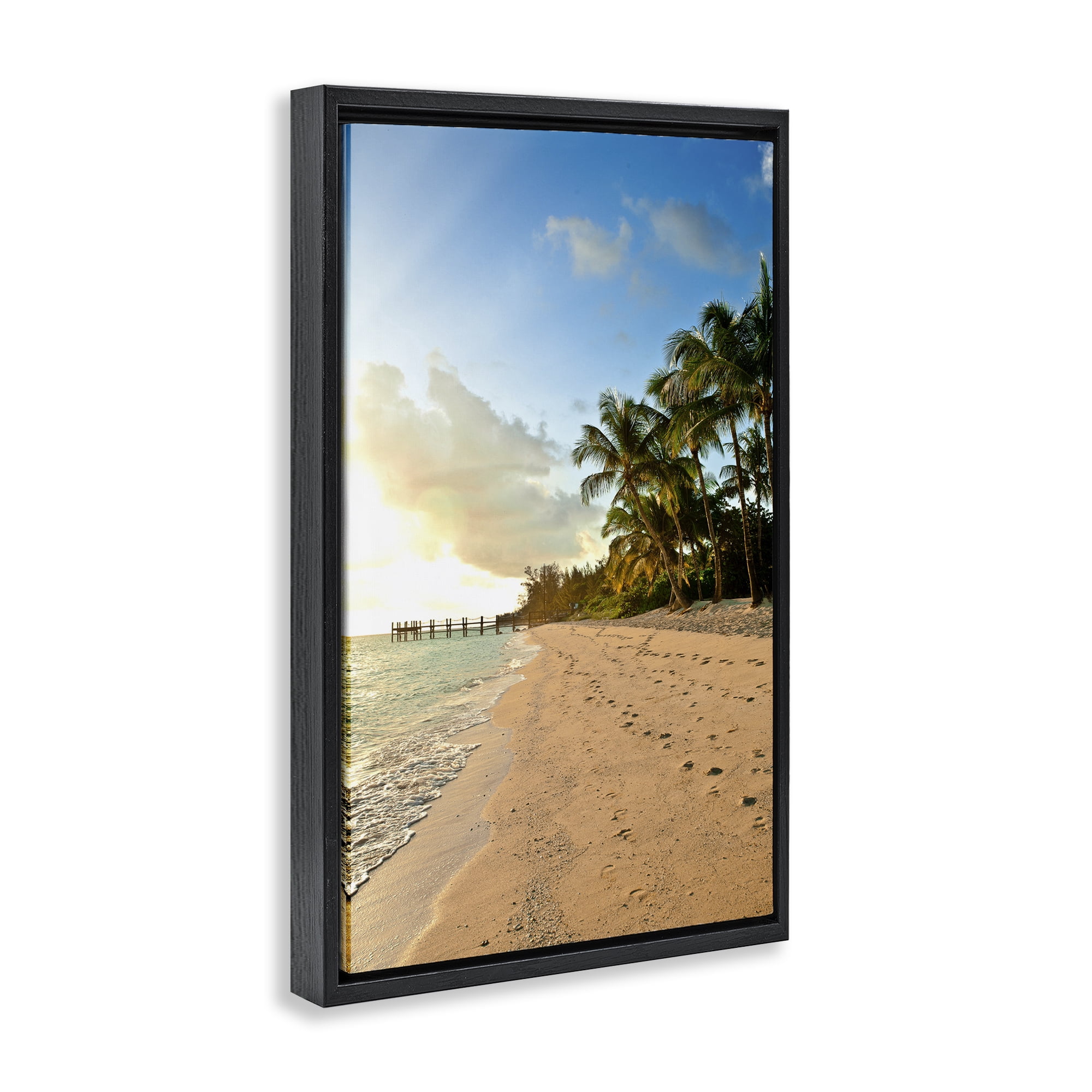 Stupell Industries Sandy Footprints Shore Coastal Photography Black Floater Framed Canvas Art Print Wall Art, 21 x 31