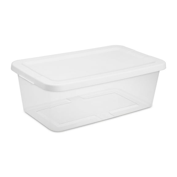 Sterilite Small Storage Bin, 6 Quart Clear Plastic Storage Container with Snap-On Lid, White