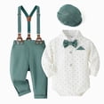 thumbnail image 2 of 9-12 Months Infant Baby Boy 3Pcs Long Sleeves Gentleman Outfit Clothes Sets With Hat 0 3 6 9 12 18 Months Formal Bowtie Romper Suspender Pants Wedding Dress Suits Newborn Outfits Set,Blue, 2 of 5