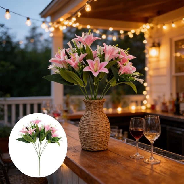 Ramo artificial de lirios con hojas verdes y detalles blancos, flores falsas de lilium para decoración del hogar, centros de mesa, bodas y fiestas