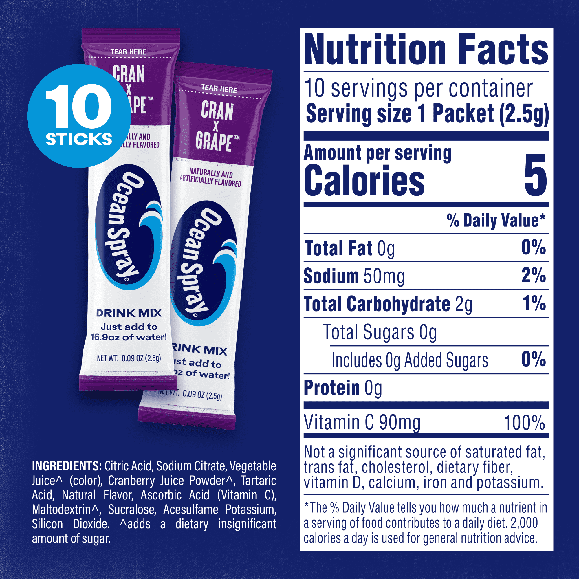 Ocean Spray On-The-Go Powdered Drink Mix, Cranberry Grape, Zero Sugar, 10 Count pack of 2