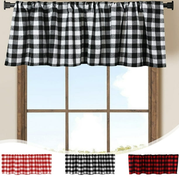 Cortina con visillo de ventana a cuadros, bolsillo para barra | Estilo cabaña con cuadros en rojo, negro y blanco | Poliéster bloqueador de luz | Cocina y sala de estar | 15"x55" | Panel único para