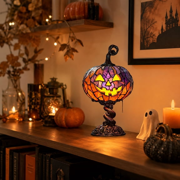 Halloween Pumpkin Lamp, Stained Glass Style LED Night Light, USB Rechargeable Orange Purple Jack-o'-Lantern with Vintage Resin Base for Bedroom Decor Party Gift